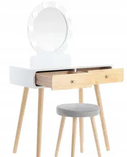 Toaletní stolky Bílý dřevěný toaletní stolek s LED zrcadlem a taburetem