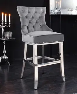 Luxusní jídelní židle Estila Barokní barová židle Modern Barock v šedém sametovém provedení na nerezových nožičkách