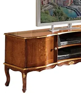 Luxusní a designové televizní stolky Estila Luxusní rustikální dřevěný TV stolek Clasica z masivu s poličkami a dvířky s dekorativním vyřezáváním 133cm