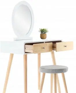 Toaletní stolky Bílý dřevěný toaletní stolek se zrcadlem a taburetem