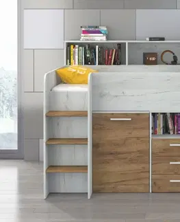 Postele ArtCross Dětská vyvýšená postel NEO | levá barevné provedení: dub craft zlatý / dub craft bílý
