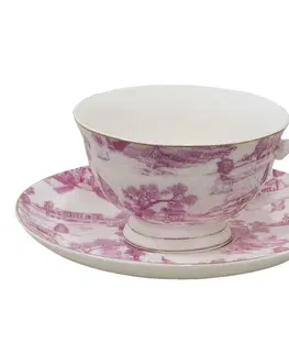 Hrnky a šálky Bílo-růžový porcelánový šálek s podšálkem Chateau - Ø 10*6 / Ø 15*2 cm / 250 ml Clayre & Eef 6CEKS0001P