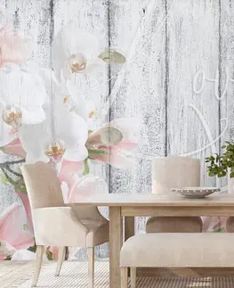 Samolepící tapety Samolepící tapeta vintage orchidej s nápisem - Love begins at home