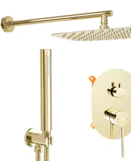 Sprchy a sprchové panely Sprchový set podomítkový Rea Oval s instalačním boxem zlatý - podomítková vanová baterie, dešťová a ruční sprcha