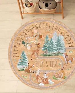 Korkové koberce Dětský kruhový koberec z korku - Srnky a zajíčci v lese