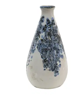 Dekorativní vázy Béžová keramická váza s modrými květy Maun - Ø 11*21 cm Clayre & Eef 6CE1424M