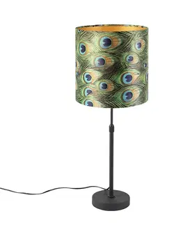 Stolni lampy Stolní lampa černá s velurovým odstínem páv se zlatem 25 cm - Parte