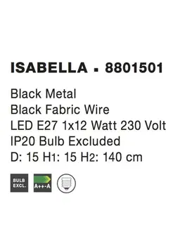 Industriální závěsná svítidla NOVA LUCE závěsné svítidlo ISABELLA ocel černá a černý kabel, E27 1x12W 8801501