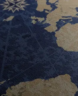 Obrazy mapy Obraz mapa světa s kompasem v retro stylu na modrém pozadí