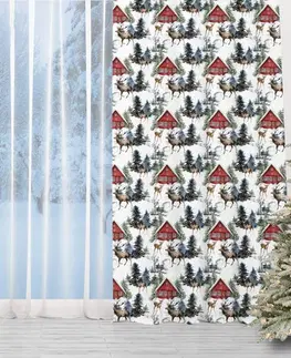 Vánoční závěsy Vánoční závěs s motivem - červený domeček v lese 150 x 240 cm