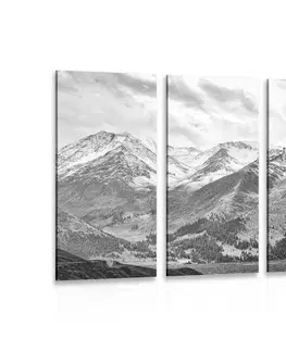 Černobílé obrazy 5-dílný obraz nádherná horská panorama v černobílém provedení
