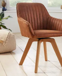 Luxusní jídelní židle Estila Skandinávské designové sametové jídelní křeslo Caballet s opěrkami na ruce a potahem hnědé barvy 83,5cm