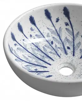 Umyvadla SAPHO PRIORI keramické umyvadlo na desku, Ø 41 cm, bílá s modrým vzorem PI028