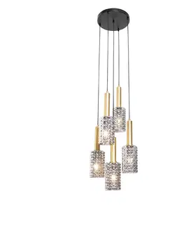 Zavesna svitidla Závěsná lampa bronzová s kouřovým sklem kulaté 5 světel - Elva