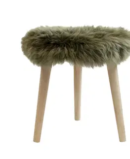 Stoličky Dřevěná kulatá stolička se šedo - zeleným sedákem z ovčí kůže - Ø 36*45cm Mars & More POKRROG