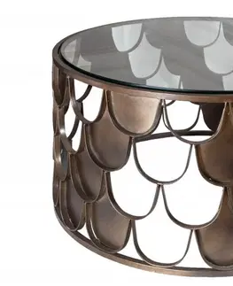 Designové a luxusní konferenční stolky Estila Art-deco bronzový kruhový konferenční stolek Escama se vzorem rybích šupin a skleněnou deskou 70cm