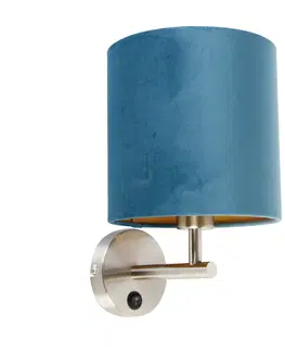 Nastenna svitidla Elegantní nástěnná lampa z oceli s modrým sametovým odstínem - mat