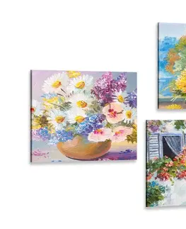 Sestavy obrazů Set obrazů malované květiny ve váze s přírodou