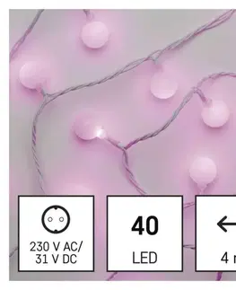 LED řetězy EMOS LED světelný cherry řetěz – kuličky 2,5 cm, 4 m, venkovní i vnitřní, růžová, časovač D5AP01