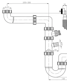 Sifony k pračkám Bruckner Dřezový sifon šetřící místo s přepadem a odbočkou 6/4", DN40, bílá 155.126.0