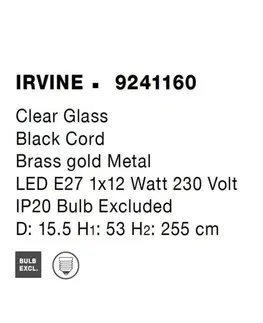 Industriální závěsná svítidla NOVA LUCE závěsné svítidlo IRVINE čiré sklo černý kabel mosazný zlatý kov E27 1x12W 230V IP20 bez žárovky 9241160