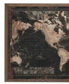 Obrazy Tmavá retro mapa světa s patinou v dřevěném rámu- 175*5*116 cm J-Line by Jolipa 77431