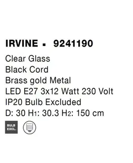 Industriální závěsná svítidla NOVA LUCE závěsné svítidlo IRVINE čiré sklo černý kabel mosazný zlatý kov E27 3x12W 230V IP20 bez žárovky 9241190