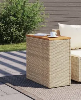Zahradní stolky Zahradní stolek s dřevěnou deskou béžový 58x27,5x55cm polyratan