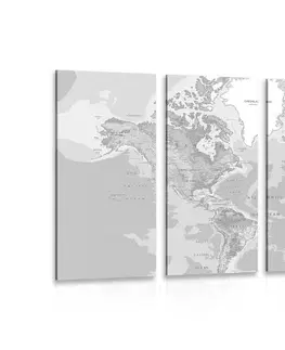 Obrazy mapy 5-dílný obraz klasická mapa světa v černobílém provedení