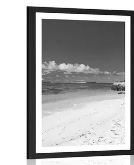 Černobílé Plakát s paspartou pláž Anse Source v černobílém provedení