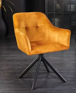 Luxusní jídelní židle Estila Industriální moderní otočná kancelářská židle Devon se sametovým okrovým čalouněním a černýma nohama z kovu 83cm