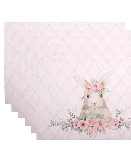 Prostírání 6ks růžové bavlněné prostírání s králíčkem Floral Easter Bunny - 48*33 cm Clayre & Eef FEB40-1