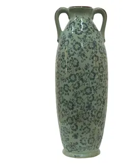 Dekorativní vázy Zelená dekorační váza s modrými květy Minty - Ø 16*45 cm Clayre & Eef 6CE1393L
