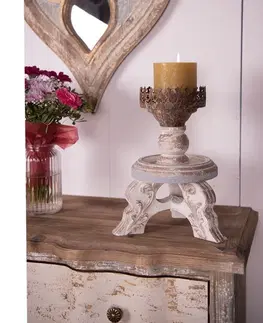 Svícny Béžový antik dřevěný svícen s kovovou ozdobou - Ø 25*34 cm Clayre & Eef 6H2180