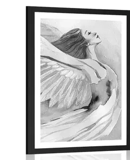 Černobílé Plakát s paspartou svobodný anděl v černobílém provedení