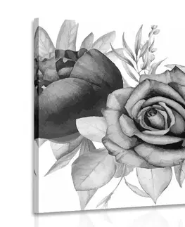 Černobílé obrazy Obraz okouzlující kombinace květů a listů v černobílém provedení