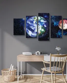 Obrazy vesmíru a hvězd 5-dílný obraz planeta Země a červený Měsíc