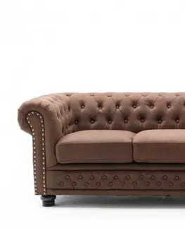 Luxusní a designové sedačky Estila Chesterfield nadčasová hnědá trojsedačka Loungrre s designovým prošíváním a potahem z ekokůže 205cm