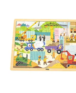 Hračky puzzle VIGA - Dřevěné puzzle 48 dílků Stavební stroje