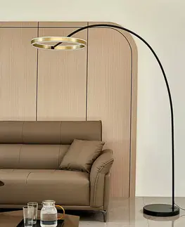 Stojací lampy Lucande Lucande LED oblouková stojací lampa Yekta, 3stupňová, mosazná barva