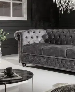 Luxusní a designové sedačky Estila Chesterfield luxusní sametová trojsedačka Lobella v šedé barvě 205cm