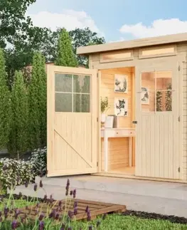 Dřevěné plastové domky Dřevěný zahradní domek GLUCKSBURG 3 s přístřeškem 190 Lanitplast Přírodní dřevo