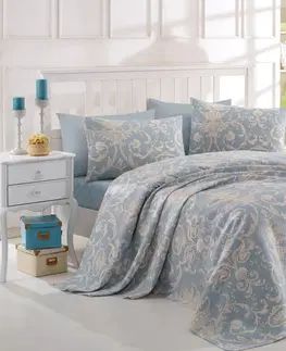 Přehozy L'essentiel Bavlněný přehoz přes postel na dvoulůžko s povlaky na polštáře a prostěradlem Pures modrý