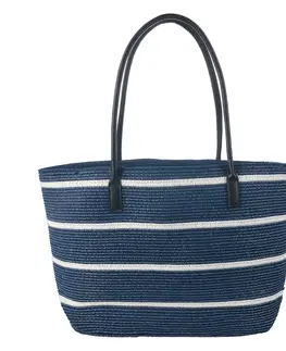 Nákupní tašky a košíky Bílo modrá plážová taška s koženkovými uchy - 46*30 cm Clayre & Eef JZBG0249