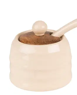 Cukřenky Béžová keramická cukřenka se lžičkou a dřevěným víčkem Chick Bei - Ø 8*6 cm Clayre & Eef 6CE1488