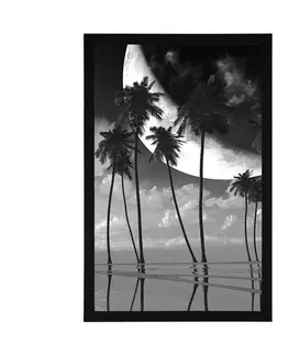 Černobílé Plakát západ slunce nad tropickými palmami v černobílém provedení