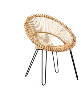 Luxusní jídelní židle Estila Ratanové křeslo Natural kulatého tvaru světle hnědé barvy s černýma nohama z kovu 88cm