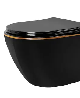 WC sedátka REA Závěsná WC mísa včetně sedátka Carlo Mini Flat černá/zlatý proužek + sedátko duraplast REA-C8800