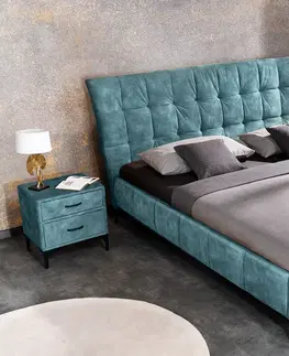 Luxusní a stylové postele Estila Designová chesterfield manželská postel Velouria petrolejové modré barvy s prošívaným čelem 160x200cm