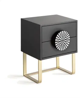 Designové a luxusní noční stolky Estila Luxusní art deco noční stolek Tesoreria v černé barvě se dvěma šuplíky s úchytkou z kostovou inkrustací 50 cm